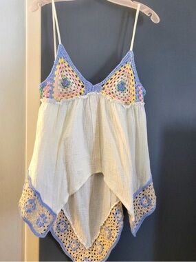 POL Cream Gauze Handkerchief Cami with Blue and Pastel Crochet